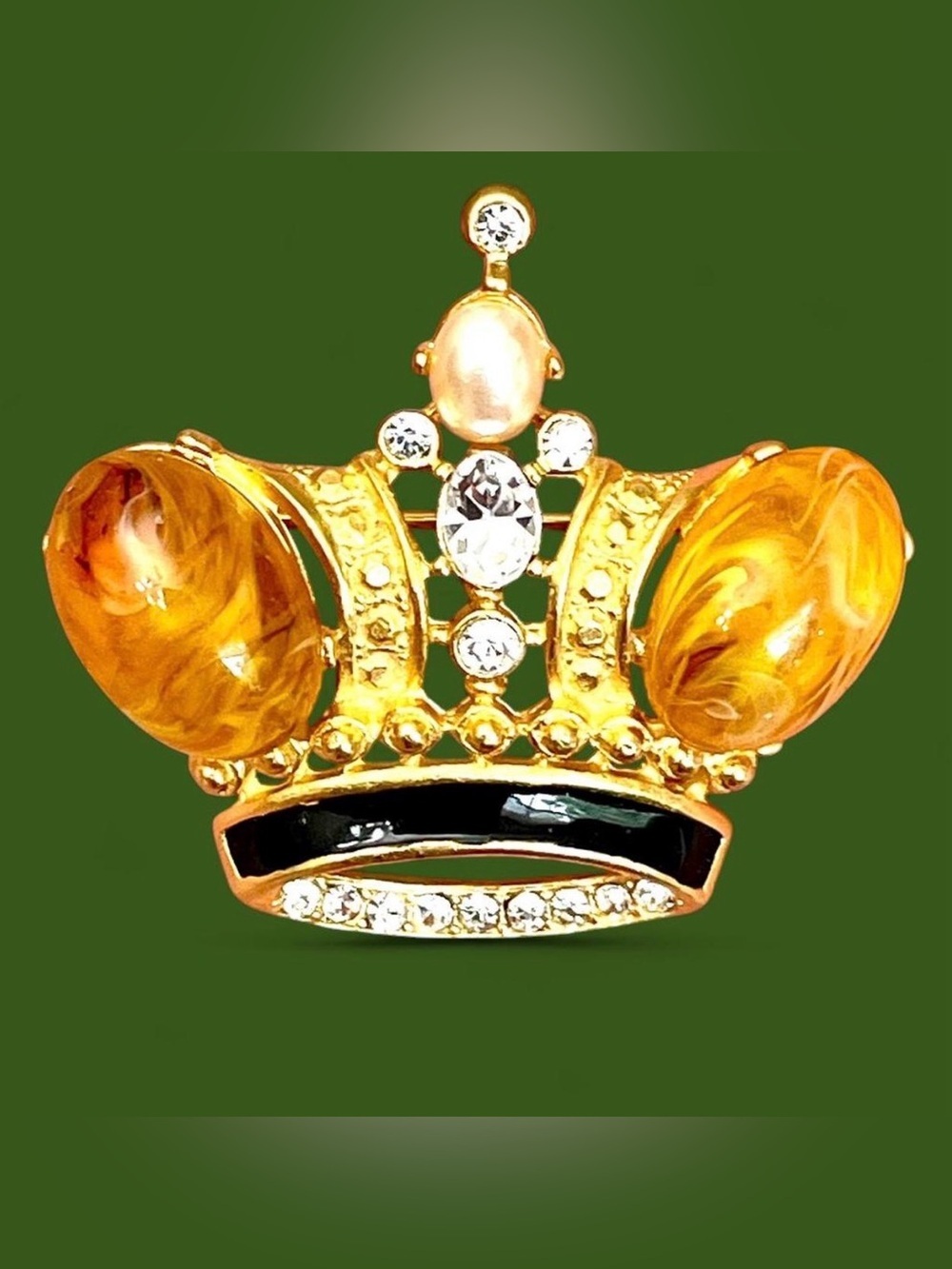 Vintage Coronation Crown Brooch Pin Amber Lucite Cabochons Rhinestone Faux Pearl